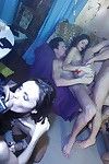 Mucky coed bitches blow and fuck in wild groupsex gangbang in sorority house