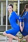 Slim brunette broad in a blue dress unveils her cleanly shaved fur pie