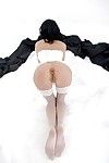 Slender dark brown in stockings taking off her shorts and toying her arsehole