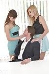 Office girls Karina Grand and Susan Ayn coax boss for FFM threesome