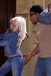 Blonde Stacy Silver in blue jean dress and white undies gets her wazoo destroyed by massive dark cock