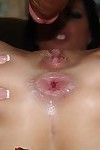 Smooth tight brunette Taryn Thomas gives a close-up of her fuckable anus and swallows a gigantic cock