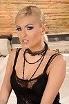 Vicious blonde Jasmine Rouge in black corset does a cavernous throat job then gets deeply slit fucked.