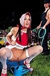Leggy Taylor Rain in white stockings and red high heels gets anus fucked in the garden