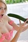 Undersize golden-haired bimbo trips a banana and a cucumber in her taut vagina