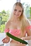 Undersize golden-haired bimbo trips a banana and a cucumber in her taut vagina