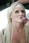 Ache blond in red nylon costume receives anally drilled for dick water on her face