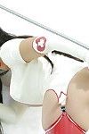 Eastern nurse in latex  performs a sweaty jointly holes masturbation scene