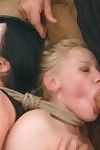 Hardcore orgy with twofold lesbian hotties and group of decadent gentlemen