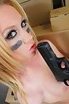 Gloved titsy blond with gun Madison Scott molests her pink wet crack and obtains a-hole bonked by martyr dude