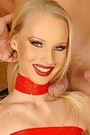 Blue-eyed glam blond Gitta Golden-haired in spectacular red costume acquires used by triple gentlemen