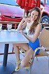 Hawt pretty in short skirt flashing tits, butt and upskirt cunt outdoors in public