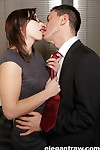 Geeky female removes her lab coat prior to seducing her boss with a take up with the tongue