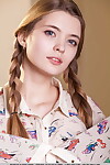 Golden-haired babe Sigrid in pigtails displaying her little whoppers and exposed muff