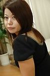 Eastern MILF Mami Isoyama undressing and stretching her underneath lips in close up