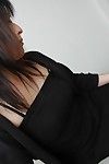 Oriental lady Harue Nomura undressing and exposing her moist snatch in close up