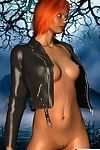 Short hair redhead sketch babe wearing leather jacket outdoors