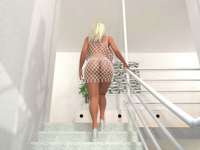 Bigtitted 3d blond pretty posing on the stairs