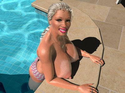 Mammoth breasted 3d blond queen swimming topless in pool