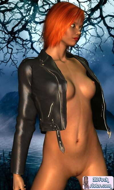 Short hair redhead caricature gal wearing leather jacket outdoors - part 316