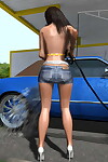 Rounded 3d brown hair drops shorts and bra to wash a car - part 907