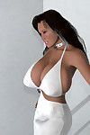 Biggest breasted 3d brunette in a appealing white dress posing on a stairs
