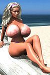 Blond 3d hottie laat haar oversized Tieten op De Strand