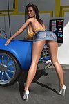 Huge breasted 3d carwash dear positions unclothed although car cleaning at gas station