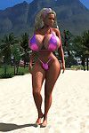 Tóc vàng 3d thiên thần trong Bikini người sẽ lướt qua cô ấy khổng lồ bộ ngực tại những công cộng Bãi biển