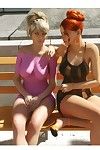 Perspired blonde with vast dong bonks untamed redhead on the bench
