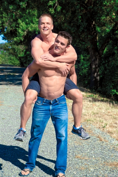 Delayed pleasure makes for hotter sex. Subsequently a day hiking, Liam Magnuson and Ryan Rose are raring to go. They stand shirtless, nose-to-nose and navel-to-navel, their skin burnished by the sun. Together  gentlemen are made out of muscle. Ryan is sha