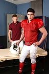 It's the category of thing every sports trainer fantasies of: the stud quarterback, Derrick Dime, has hurt his leg in practice and needs a rubdown to ease the pain. Therapist Ace Stone is on the ball, lashing Derrick's underclothes and jersey off and sett