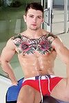 Sebastian Kross sprawls out on the couch in his tighty whities. Jack Hunter, slinks over to him, attracted by the chiseled pecs, ripped abs and colorful tatts. Jack stops when they are nose-to-nose and crotch-to-crotch. The pouch of Sebastian's briefs swe
