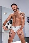 MVP Dorian Ferro and talented Jack Giles hit the showers with raging libidos later on a rough game. All hands and tongues, they clutch and grope all the time other\'s arms and kissing deeply as water courses over their beefy, soapy bodies. Their chests are