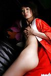 Lusty oriental darling with shaggy bawdy cleft uncovering her undersize turns