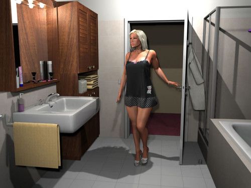 Seductive 3d blonde exposing her enormous tits in the bathroom