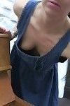 Voyeur shots of cutie in dress bending over to show cleavage