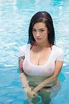 Gorgeous brunettes show off wet huge tits and enjoy threesome at the pool