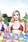 Lesbian pornstars strip off bikinis outdoors beside pool for all girl 3some