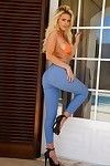 Busty bikini blonde in tight jeans