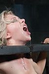 Blindfolded and bound down in stocks onto a sybian, jeanie is quivering with ner