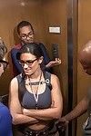Busty horny brunette gets gangbanged in an elevator