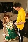 Lewd cheerleader gets her bald cunt cocked up and takes cumshot in her mouth