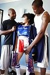 Awesome asian cheerleader May gets banged by these two black cocks