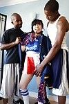 Awesome asian cheerleader May gets banged by these two black cocks