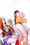 Sexy clothed cosplay lesbian girls Elouise & Harmony Reigns eating pussy