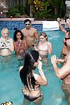 Horny babes in bikini sucking big cocks at the pool sex party