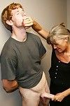 Fully clothed horny granny gives hot handjob and gets cum on face