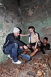 Short haired Euro pornstar Sunny Sin having MMF threesome outdoors in boots