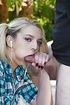Blonde teen Tiffany Watson giving ball licking bj outdoors in pigtails